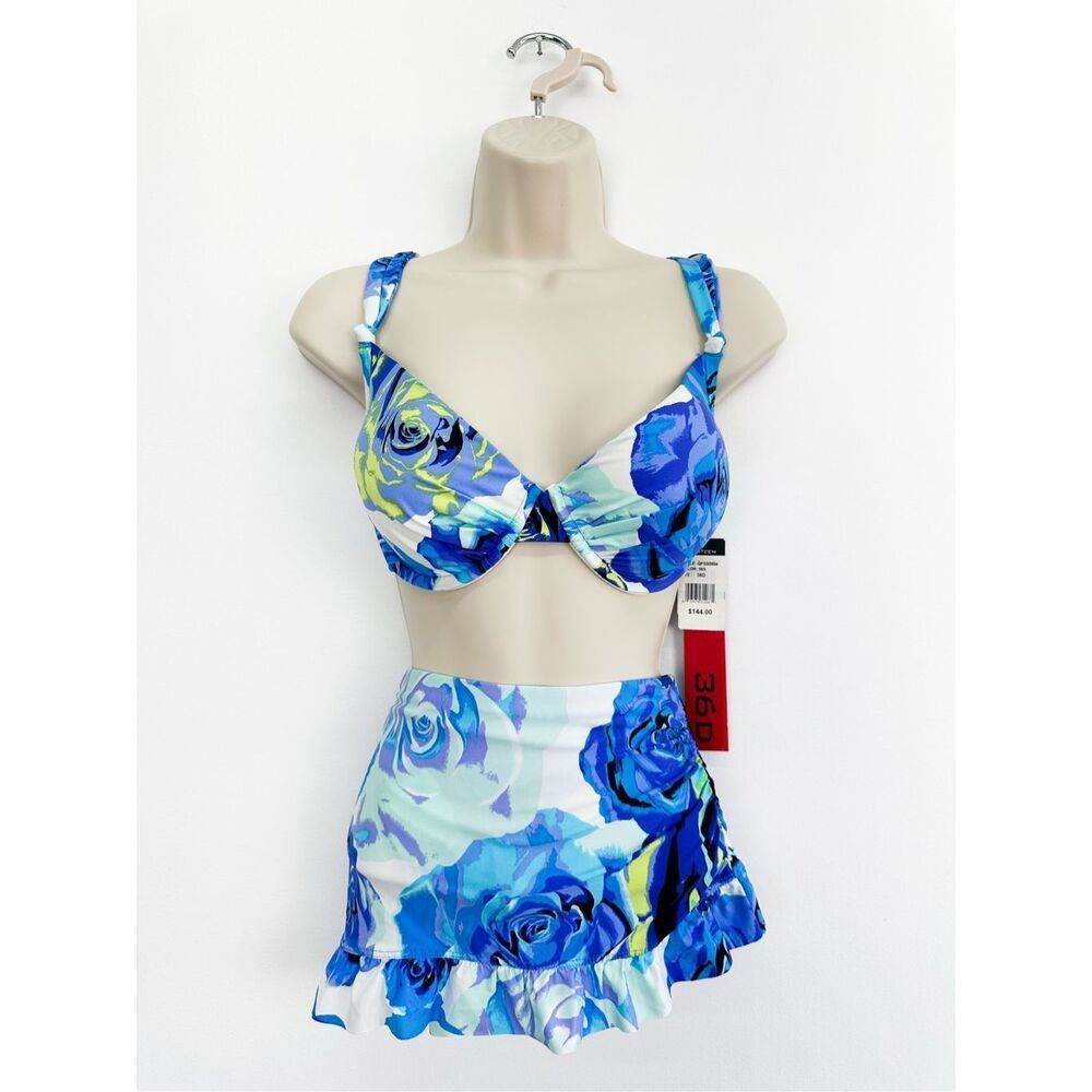 Jantzen Women’s Vintage 90s Y2k Blue Multi Retro Pop Art Floral Underwire Ruffle